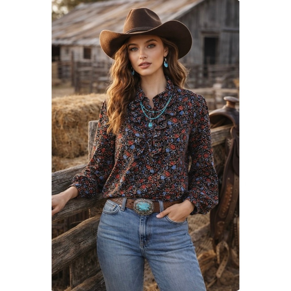 FREE PEOPLE Black Floral Ruffled Poet Top Blouse Buttondown‎ Bohemian Medium
